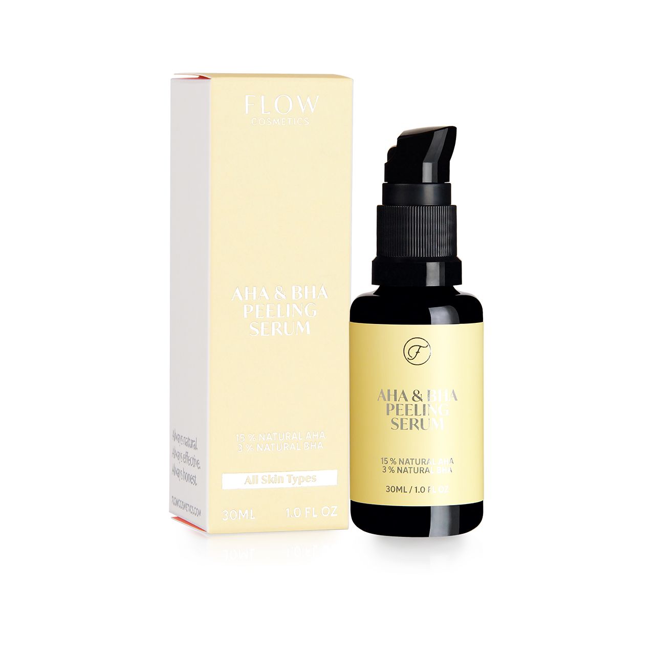 Natuurlijke AHA & BHA peeling serum van flow cosmetics. Verzacht fijne lijntjes en rimpels. Geschikt voor de rijpere huid, doffe huid en pigmentvlekken.